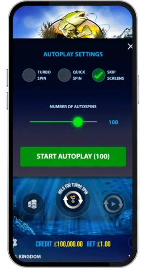 Autoplay settings with quick spin, turbo spin and 100 auto spins selected