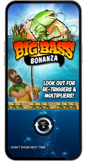 Game loading screen with Big Bass Bonanza logo and re-trigger notice