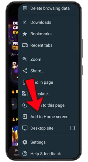 User opening Android browser menu for Big Bass Bonanza shortcut