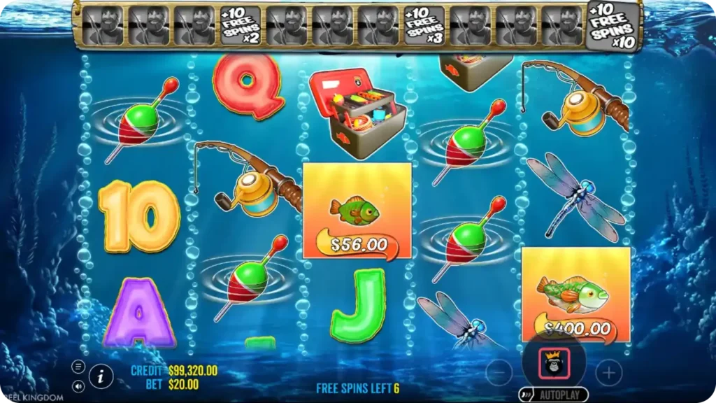 Big Bass Bonanza bonus round with fisherman wild collecting fish values during free spins